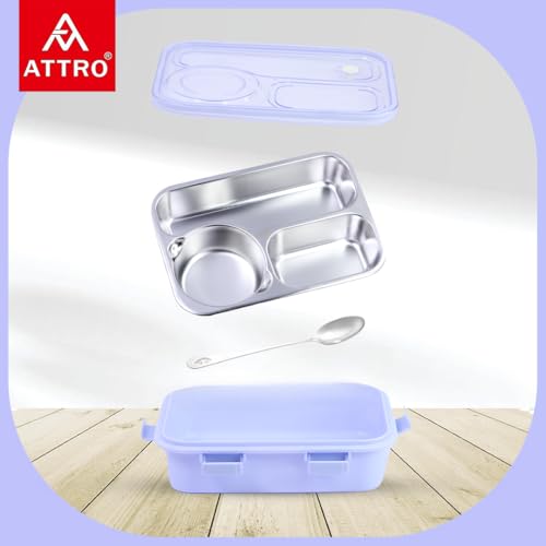 Image of ATTRO Lunch Pro Deluxe 3 Lunch Box with Detachable Inner Steel Compartments, Spoon, one Small Container, Heating Water Insulation Design, Foodgrade, Leakproof -750ml Purple