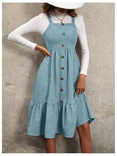 Image of WDIRARA Women's Button Front Sleeveless Ruffle Hem Pinafore Dress Corduroy Jumper Dress