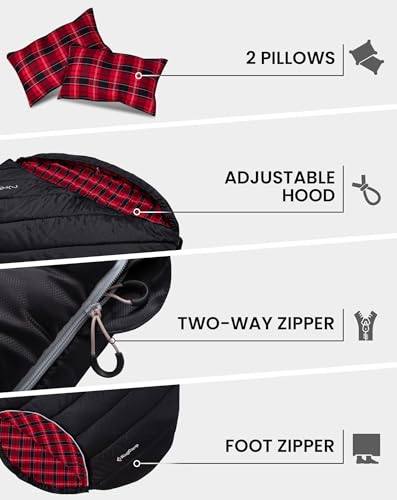 Image of KingCamp Double Sleeping Bag for Adults, Queen Size 2 Person XXL Flannel Sleeping Bag, Waterproof Lightweight Flannel Quilt with 2 Pillows, Perfect for Couples Family Camping Hiking