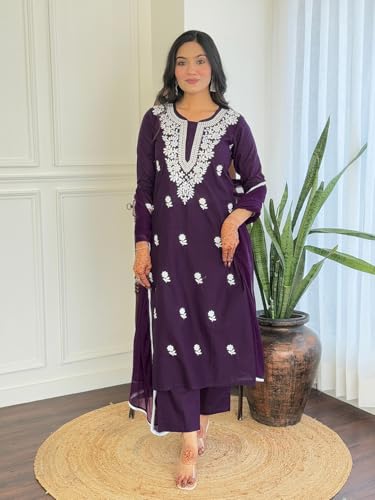 Image of Yashika Chikankari Work with Pure Cotton Fabric Straight Kurta, Pant and Dupatta Set |Kurta Set for Women