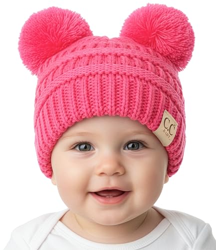 Funky Junque Double Pom Pom Baby Beanie – Newborn Baby Girl Winter Hat 0–12 Months, Soft Knit...