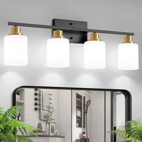 Image of Ascher Bathroom Light Fixtures, 4-Light Vanity Light Over Mirror, Black and Gold Wall Sconces with Milky White Frosted Glass Shades, Wall Lamp for Living Room Bedroom, E26 Base(Bulbs Not Included)