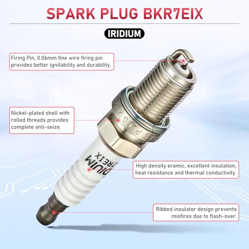 Image of BKR7EIX Iridium Spark Plugs 4 Pack Compatible with Honda Civic VW Passat Golf Jetta Scirocco 1.6L 1.8L 2.0L L4 Engine Replacement for 2551 SP1011 9770 2667 Spark Plug