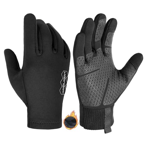 HANDLANDY Lightweight Running Gloves for Women & Men, Touchscreen Gloves with Fleece Lining & Anti-Slip Grip for Cycling, Biking, Commuting & as a Ski Glove Liner Small Dark Black