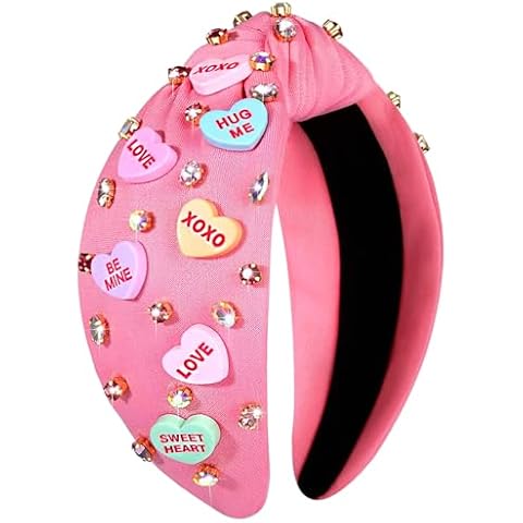 NVENF Valentine’s Day Headband for Women Love Heart Headband Jeweled Crystal Rhinestone Knotted Headband Red Pink Wide Top Knot Headband Valentine’s Day Hair Accessories Gifts (Letter 1 - Pink) Cover