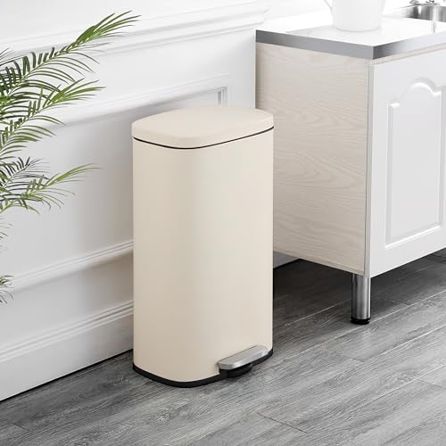 Image of happimess Curtis 8 Gal Step Trash Can Soft Close 25 inch, Limestone Beige | Iron Construction, Satin Finish, Removable Liner, Steel Pedal, 20 Trash Bags Included, Kitchen Office Bin