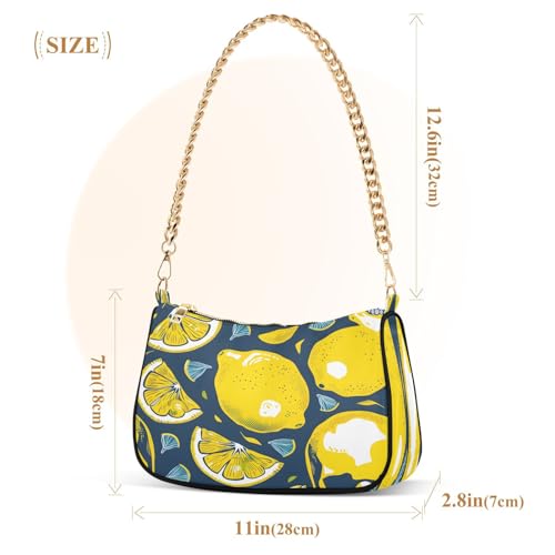 Image of Shoulder Bags for Women Vintage Yellow Lemon Fruit and Blue Print Hobo Tote Handbag Small Clutch Purse with Zipper Closure