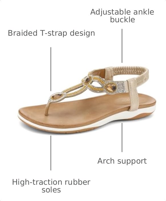 Image of UBFEN Womens Flat Sandals with Arch Support - T-Strap Thong Sandals with Elastic Back Strap, Comfortable for Walking, Bling, Rhinestone, Dressy