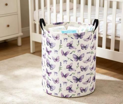 Image of Baby Laundry Basket Kids Hamper Toy Storage Bin for Boys Room Decor Baby Nursery Hamper Gift Baskets for Bedroom Bathroom(Lavender Butterfly)