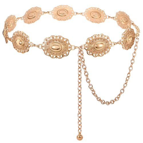 XZQTIVE Women Boho Chain Belts For Dresses Jeans Western Cowgirl Waist Links Belt Adjustable Metal Concho Belt