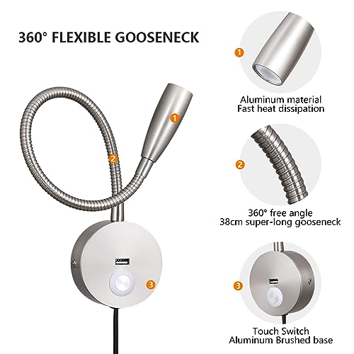 Image of LED Bedside Touch Dimmable Wall Mounted Reading Light - Night Light With USB Flexible Gooseneck - Brushed Nickel