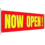 Large Now Open Banner Outdoor Indoor Signs Polyester Oxford Cloth Now Open Sign Hanging Banner for Lawn Outside Business Shop Decoration, 3 x 8 Feet(Red Background with Yellow)
