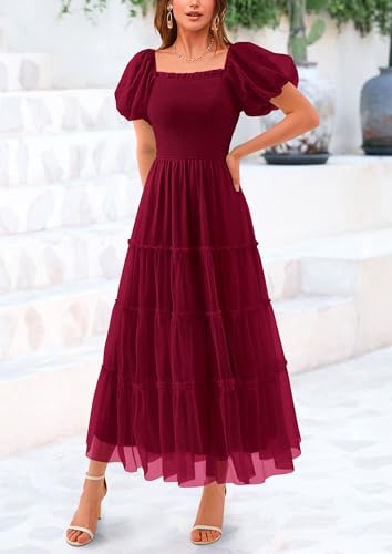 PRETTYGARDEN Women's Smocked Midi Tulle Dress 2025 Summer Puffy Short Sleeve Square Neck Ruffle Wedding Guest Party Dresses (Wine Red,Large) - Image 6