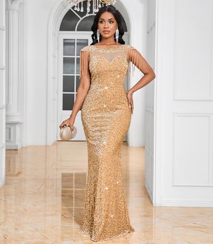 Image of Cololura Women Sexy Sequin Mesh Perspective Bodycon Party Cocktail Evening Gown Maxi Dress