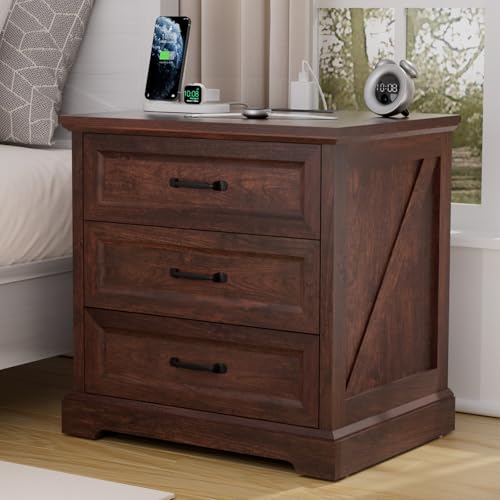 Image of HOMMPA 24'' Farmhouse Nightstand with Charging Station, Bedside Tables with Storage, Side Table with AC Outlets & USB Port, 3 Drawers End Table Dresser, Wood Night Stand for Bedroom, Maroon Brown