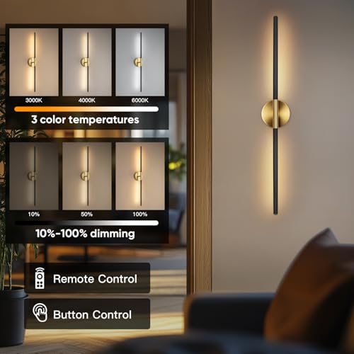 Image of Battery Operated Wall Sconces Set of Two 360 Rotate Wireless Rechargeable Light Dimmable with Remote - Black Gold Modern Sconces Cordless Magnetic Wall Decor for Home Bedroom Timer 31.5 in