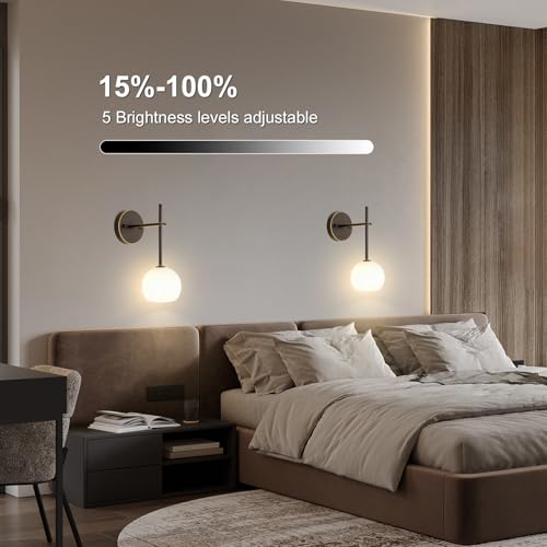 Image of Brown Gold Battery Operated Wall Sconces Set of 2, Rechargeable Wireless Wall Lights with Milky White Frosted Glass, 12 RGB and 3CCT Dimmable, Wall Lamps with Remote for Bedroom Living Room Hallway