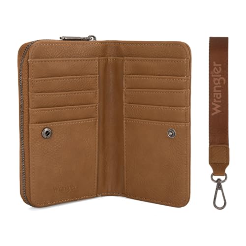 Image of Montana West Wrangler Women's Wallets Wristlet Bifold Rfid Blocking Wallets Large Capacity Brown Wallet for Ladies Female Woman Credit Card Wallet with Zipper Pocket and and Wrist Strap