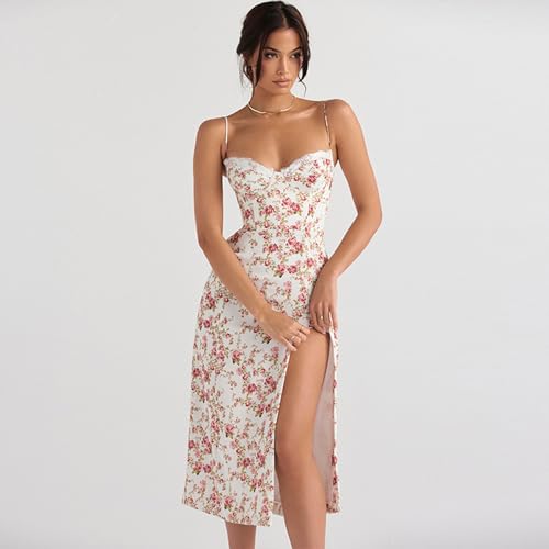Image of Women Floral Maxi Dress Summer Spaghetti Strap Bodycon Split Slit Lace Trim Side Backless Elegant Long Dresses