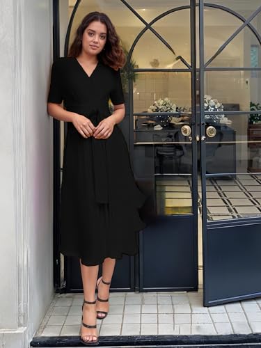 Image of Comfortable Dresses for Women Stretchy Flattering Fit Wrap Dress V Neck Short Sleeve Tie Waist Daily Wear Work Vacation