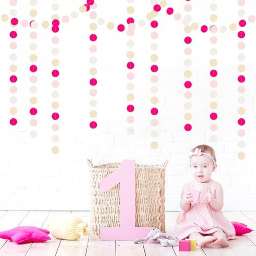 Image of Hot-Pink Beige Party-Decorations Streamers-Garland - 52ft Birthday Baby Shower Hanging Paper Banner, Bachelorette Bridal Shower Wedding Girl Blush Decor Hugfond