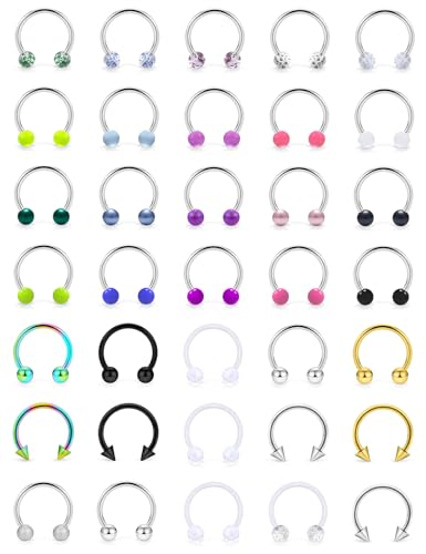 Ftovosyo 35Pcs 16G Surgical Steel Nose Septum Rings Piercing Jewelry Horseshoe Cartilage Helix Tragus Earring Hoop Eyebrow Lip Hoop Retainer for Women Men 10mm 3/8 Inch Silver Black