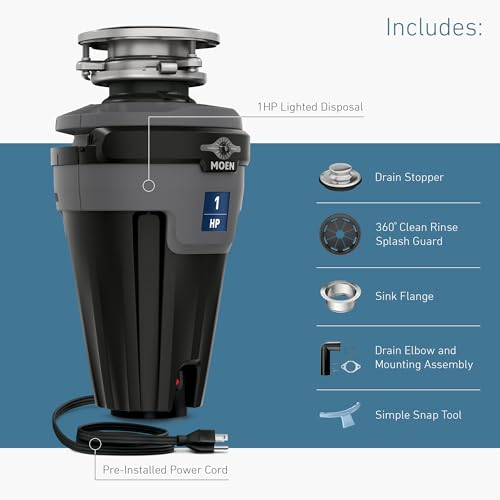 Image of Moen Chef Series 1 HP Continuous Feed Lighted Garbage Disposal with Sound Reduction for Under Sink, Power Cord Included, EXL100C