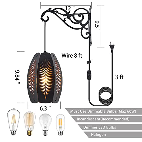 Image of Farmhouse Plug in Wall Lantern Sconces Set of Two,Black Rusti Wall Hanging Lamps Plug in for Bedrooms,Boho Dimmable Haing Wall Mounted Lights for Bedside Bedroom Living Room