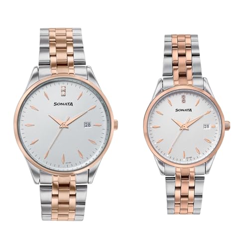Image of Sonata Jashn with Quartz Analog White Dial IPS+IPRG Strap Men and Women (Pair) Wedding Watch - 7721087125KM01