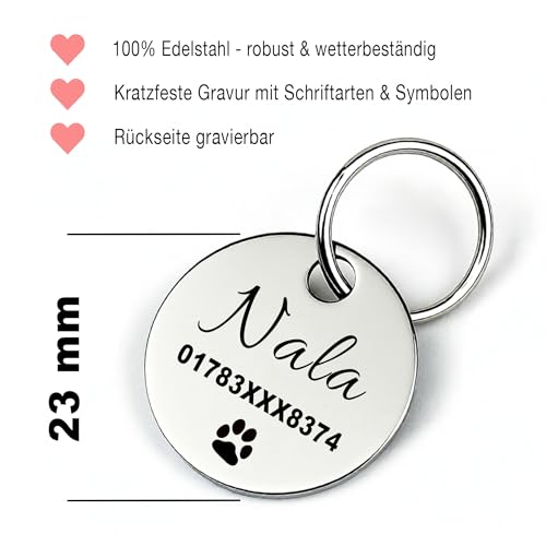GOLDEN PAW Hundemarke mit Gravur personalisiert, Namensschild mit Telefonnummer, Adresse für Halsband - robuste Tiermarke aus Edelstahl, Dog Tag, Anhänger für Hunde, Katzen, Pferde & Welpen | Silber