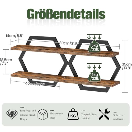 2er-Set Wandregal Holz und Metall,Schweberegal,Regalbrett,Dekorativ Regale für Wände,Hängeregale für Wohnzimmer,Schlafzimmer,Küche,Büro (Schwarz)