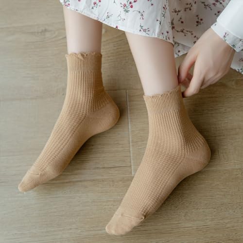 zrylibya Women Cute Ruffle Frilly Turn Cuff Ankle Socks Scalloped Pointelle Solid Casual Crew Socks 4 Pairs3