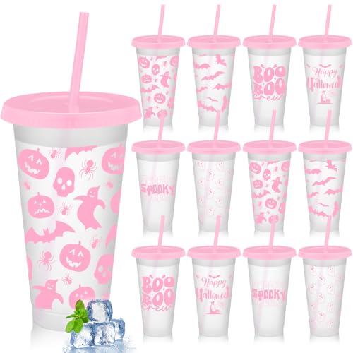 SiliFine 12 Set Plastic Cups with Lids and Straws, Reusable Cups Bulk with Lids Plastic Tumblers for Party Supplies Cold Drink, 24 oz (Pink)