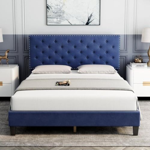 Image of Julius Upholstered Bed Queen Size Without Storage Solid Sheesham Wood | Modern Premium Fabric Upholstery Cushion Headboard | Queen Bed for Bedroom Wooden Double Bed Cot 78x60 Inch Queen