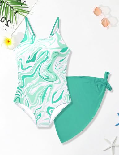 Girls Swimsuit One Piece Full Print Girls Bathing Suit with Solid Color Cover Up Skirt Girl Swimsuits Size 7-84