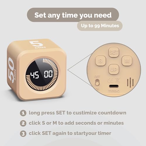 Image of KADAMS Timer Pomodoro - Productivity Pomodoro Cube, 5 /10 /25 /50 Min Countdown & Countup, Silent - for Work Study Workout Kitchen School Classroom Office ADHD Gift Kids (1, Light Mocha)