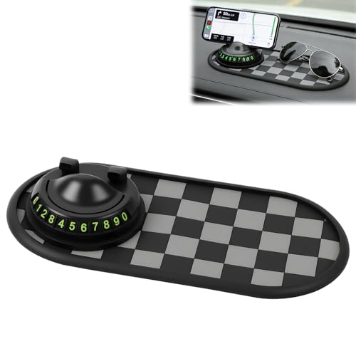 Multifunctional Car Anti-Slip Mat with 360 Rotating Phone Holder Anti Slip Mat for Car Dashboard with Temporary Parking Number Anti Slip Phone Mat for Car for Phones Sunglasses Keys (Gray Black)
