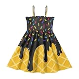 KOCOART Toddler Girl Cute Dress Spaghetti Strap Black Yellow Ice Cream Cute Girls Smocked Top Sundress Kawaii Princess Beach Dress 3T for Playful Party
