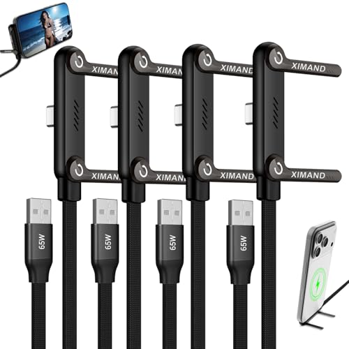 Image of Invisible Holder Charger Cable, 65W Fast USB to USB-C Cable 1.5 M /4.9 FT with 360 Adjustable Phone Stand, 2 in 1 Holder Charger for Gaming, Office, Home, Video Watching, Black, 4 pack