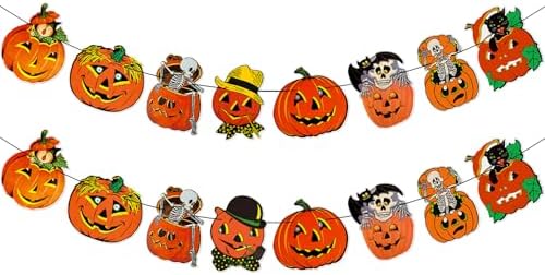 2 Pack Vintage Halloween Pumpkin Garland Banner Decorations, Retro Halloween Pumpkin Bunting Garland Banner for Vintage Home Office Wall Party Decor