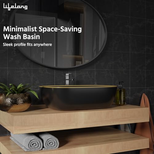 Image of Lifelong Wash Basin for Bathroom - Tabletop Washbasin - Ceramic Glossy Round Countertop Vessel Sink Ideal for Bathroom, Dining Hall & Vanity 33x46x16 cm (Black, LLHIBM05)