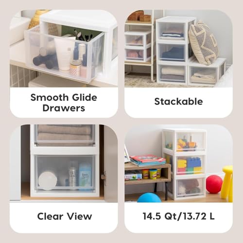 Iris Ohyama, Stapelbare Aufbewahrungsschublade, Schubladenbox aus Kunststoff, 13,7L, 3er-Set, Weiß, Stapelbar, Transparent, für Snacks, Medikamente, Schreibwaren, Bastelbedarf, BPA-frei, MSD-2