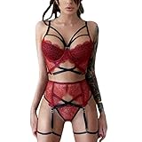 Erotische Dessous-Sets für Damen, Sexy Stickerei Spitze Rot Schwarz Unterwäsche BH+Tanga+Strumpfhalter, Reizvolle Lingerie, Erotik Strumpfband Reizwäsche Strapse Set, Push Up Unterwäschen Nachtwäsche