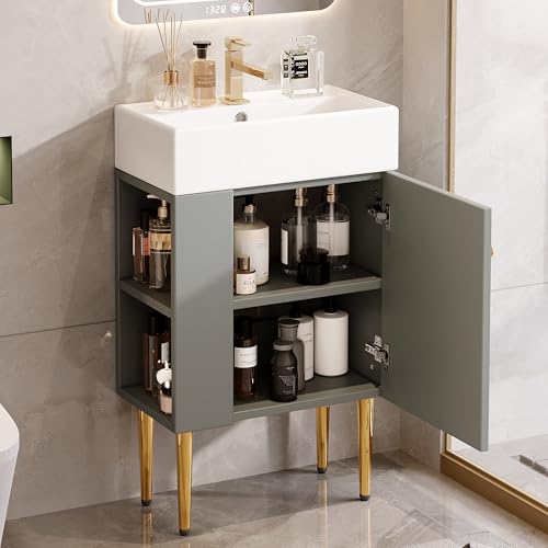 Lcoho Mueble de baño con armario bajo lavabo de 55 cm, mueble para lavabo pequeño, color gris claro