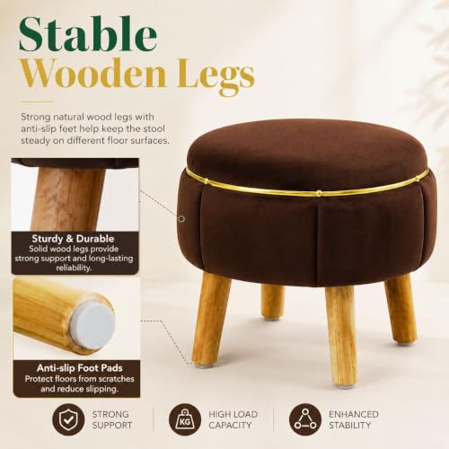 Image of Velvet Upholstered Round Ottoman Footstool | Anti-Slip Feet | Multipurpose Footrest, Step Stool & Vanity Seating & Decor | 40 x 30 cm (16 x 12 Inch) | Coffee