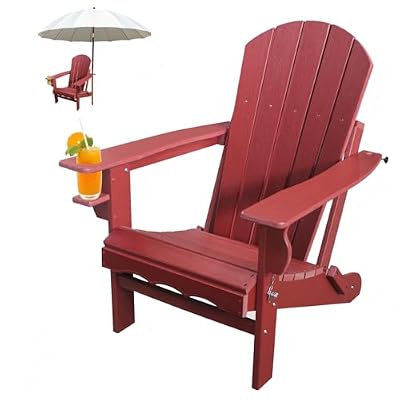 CLOUDEEP Folding Adirondack Patio Chairs, HDPE Fire Pit Chairs Weather Resistant, Outdoor Adirondack Chair with Cup Holder and Umbrella Hole, Wood Texture, Dark Red