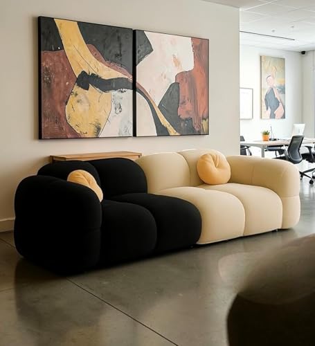 Image of CRAFTCITY Pumpkin Style Wooden Sofa | Contemporary Wool Sofa with Swen Pillow Back for Living Room (Black & Beige, 3 Seater)