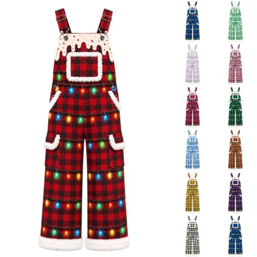 Mens Christmas Overalls Plaid Holiday Light Print Fuzzy Trim Jumpsuit - image 3