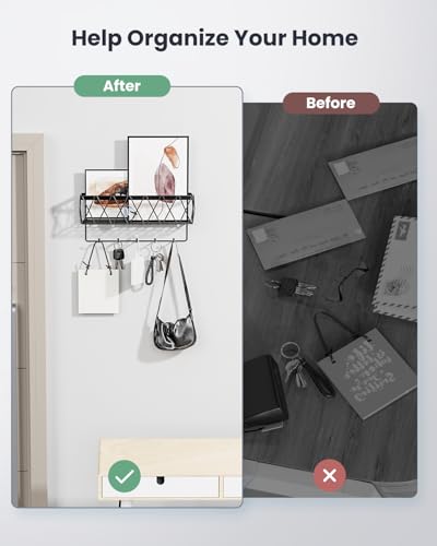 Image of Key Holder Wall Mount Adhesive- Key and Mail Holder for Wall with 5 Hooks, Wall Mounted Mail Organizer and Key Rack, Modern Basket Key Hanger for Entryway, Home, Living Room Wall Decor, Black