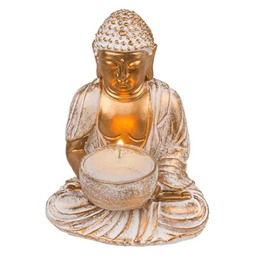 Soporte decorativo para velas de té "Harmony Buddha", diseño de Buda tailandés, color blanco y dorado, altura aprox. 19 cm, decoración de estatua de meditación